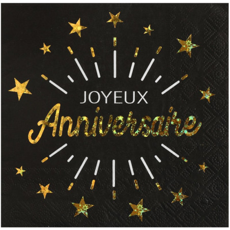 Lot De 50 Serviettes D'anniversaire Noir Et Doré - 33x33 Cm - Happy Birthday - Pour Garçons Et Filles
