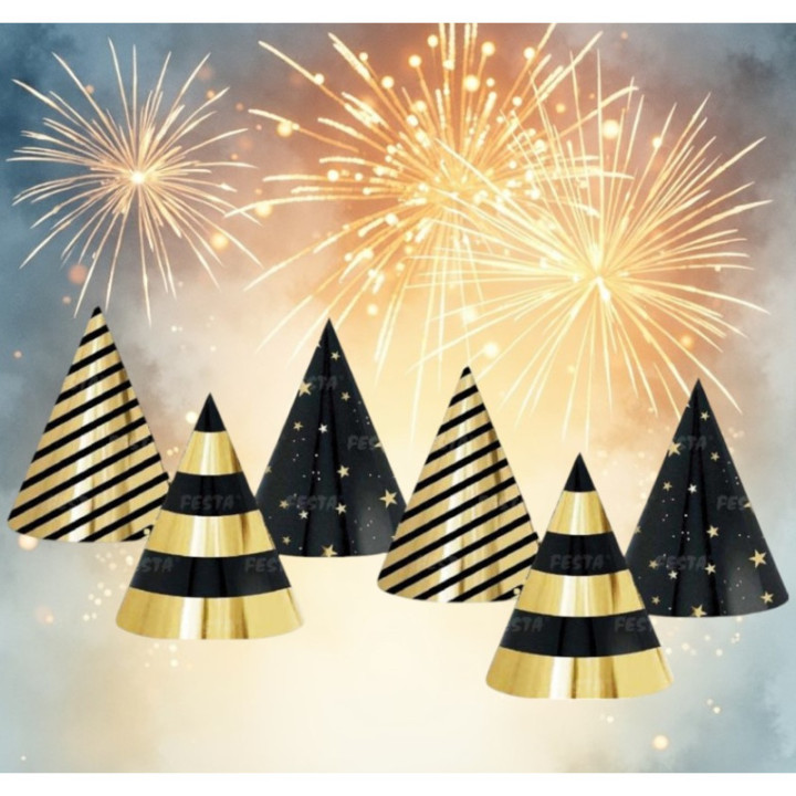 Chapeaux pointus - lot de 6 - Noir et Doré | Le Géant de la Fête