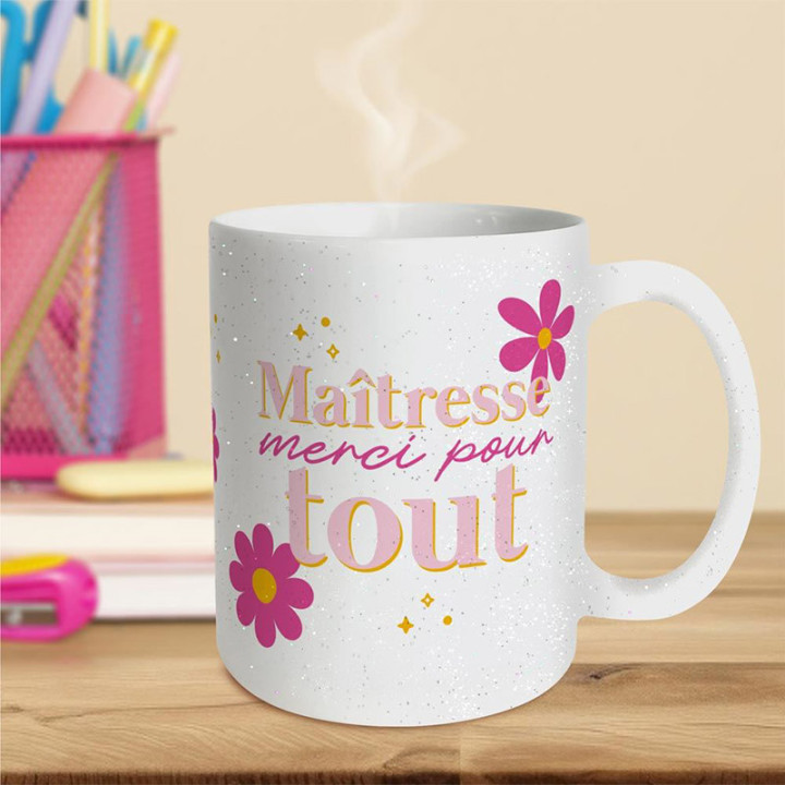 Mug pailleté "Merci Maîtresse" - Rose | Le Géant de la Fête