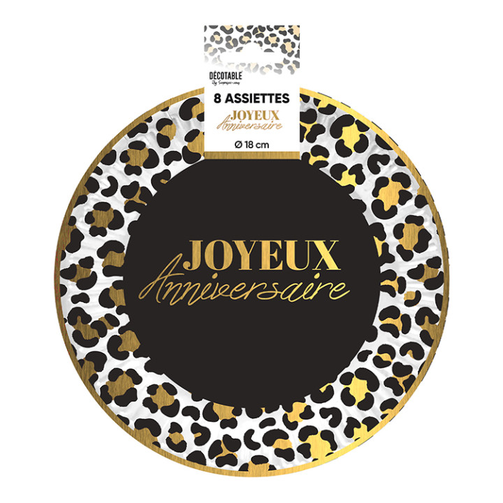 Assiettes à dessert “Joyeux Anniversaire” - Léopard - lot de 8 | Le Géant de la Fête