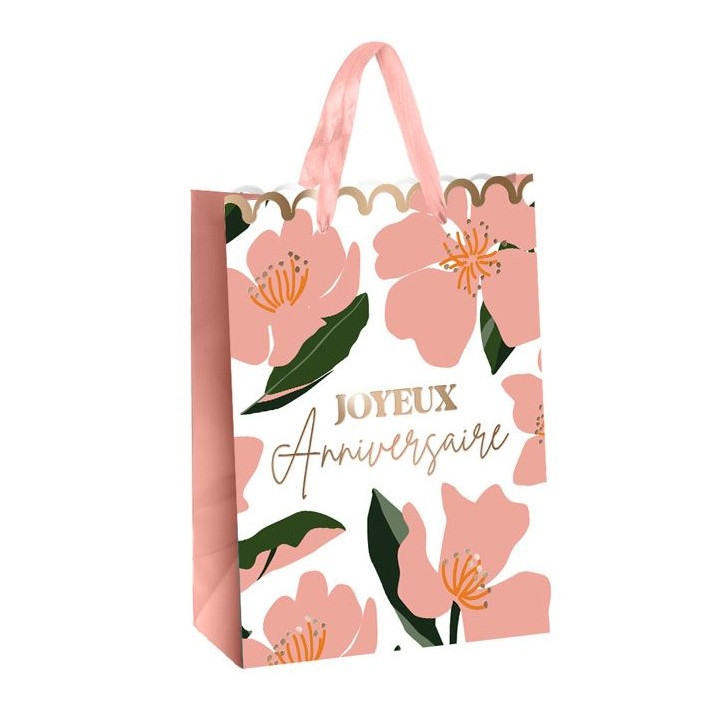 Sac cadeau "Anniversaire" - Fleurs - Grand - Rose | Le Géant de la Fête