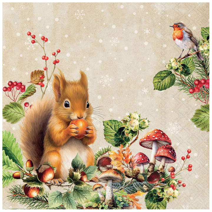 Serviettes décorées - Écureuil et champignons - lot de 20 | Le Géant de la Fête