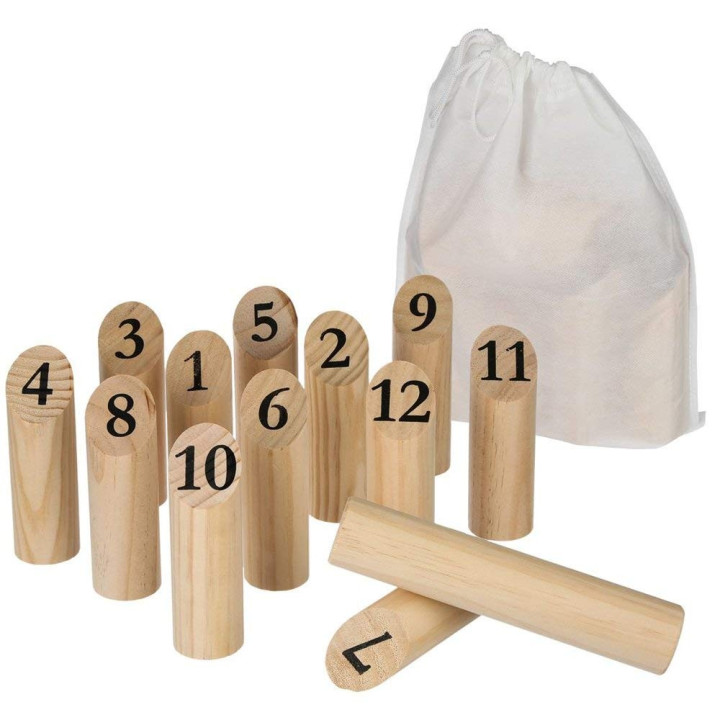 Jeu De Quilles Nordique En Bois - 12 Quilles Numérotées 1-12 Avec Bâton Et Boîte De Transport